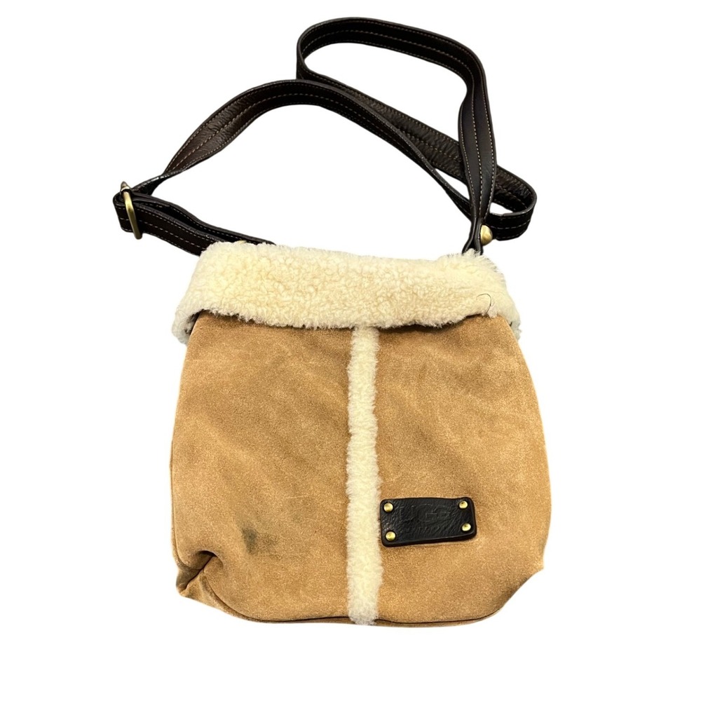 UGG Crossbody Bag Womens OS Tan Suede Shearling Trim Leather Strap